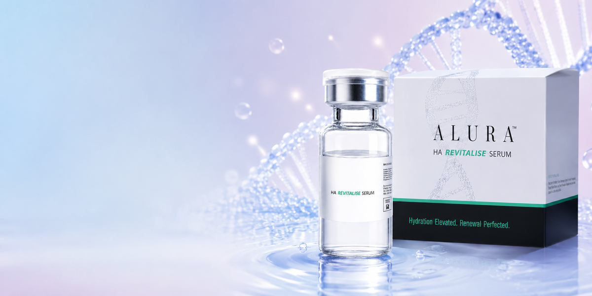 Alura HA Revitalise Serum vial and carton on a blue and lilac background
