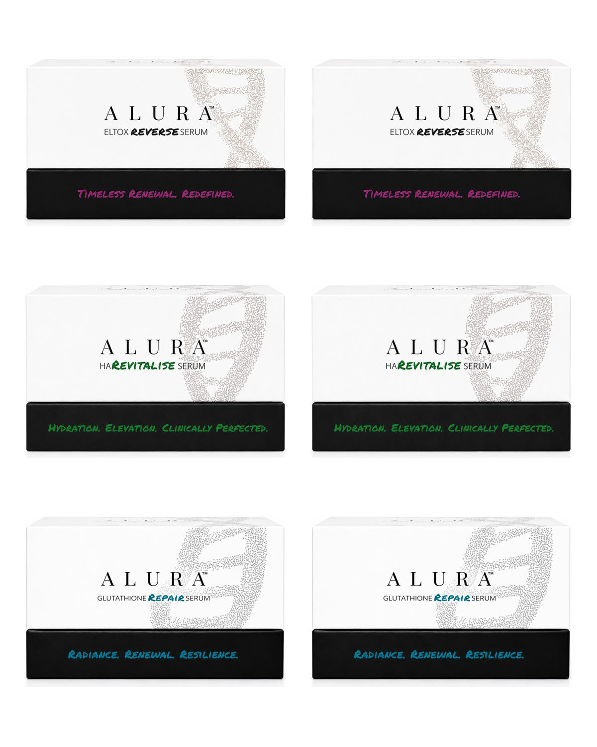 ALURA Clinic Pack: six cartons, two each of Eltox Reverse, HA Revitalise and Glutathione Repair Serum