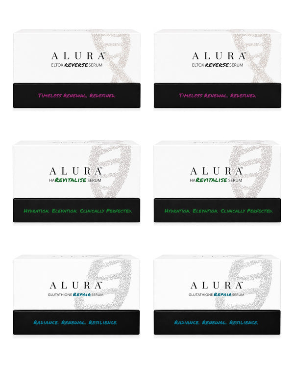 ALURA Clinic Pack: six cartons, two each of Eltox Reverse, HA Revitalise and Glutathione Repair Serum