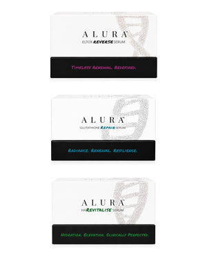 ALURA Taster Bundle: Eltox Reverse, Glutathione Repair and HA Revitalise Serum cartons