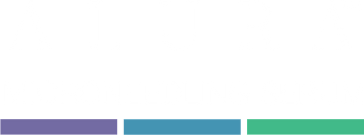 Alura logo, white wordmark with brand colour stripes