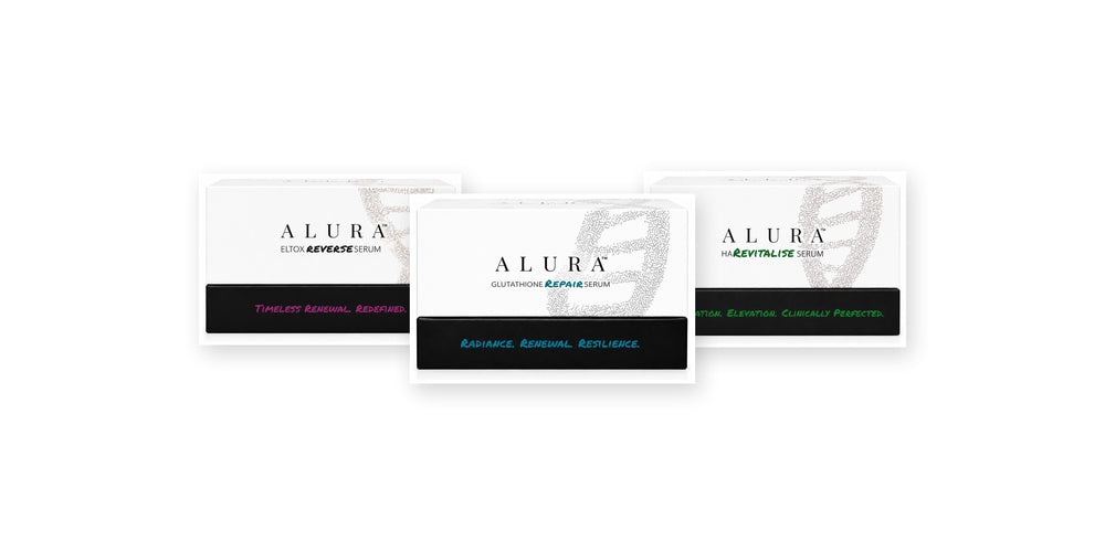 ALURA Taster Bundle: Eltox Reverse, Glutathione Repair and HA Revitalise Serum cartons