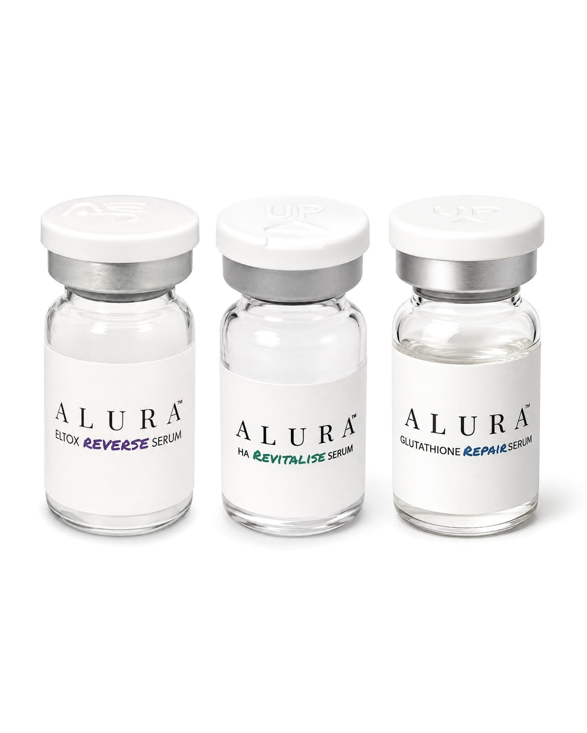 ALURA Try All Three: Eltox Reverse, HA Revitalise and Glutathione Repair Serum single 5 ml vials side by side