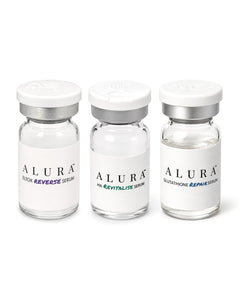 ALURA Try All Three: Eltox Reverse, HA Revitalise and Glutathione Repair Serum single 5 ml vials side by side