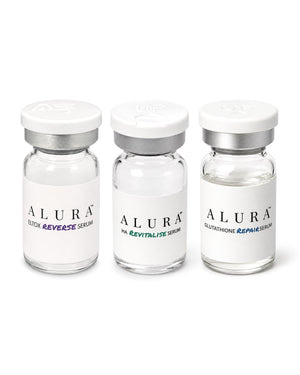 ALURA Try All Three: Eltox Reverse, HA Revitalise and Glutathione Repair Serum single 5 ml vials side by side